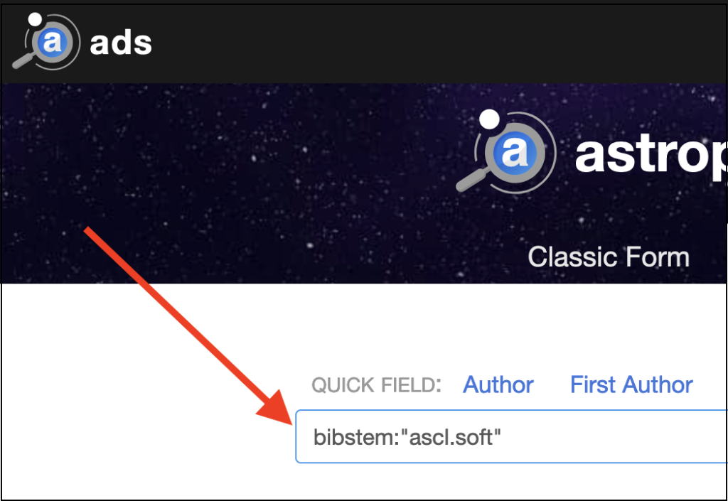 Screenshot of ADS home page with arrow pointing to ADS search box; the search box contains the search term bibstem:"ascl.soft"