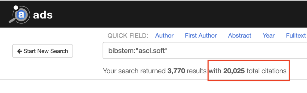 Screenshot from ADS showing ASCL entries have been cited 20,025 as of August 13, 2025 